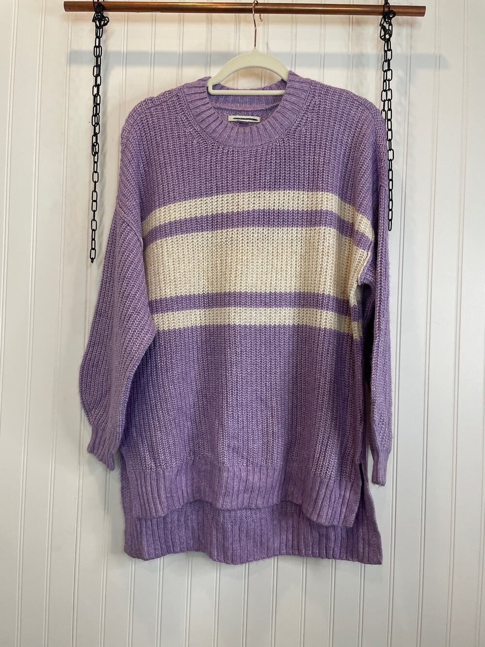 NWOT American Eagle Sweater Purple Cream Colorblock Crew Neck Pullover Size S